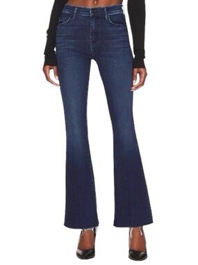 MOTHER The Weekender Fray Mid-Rise Flare Jeans Mint Condition Dark Blue Denim 30